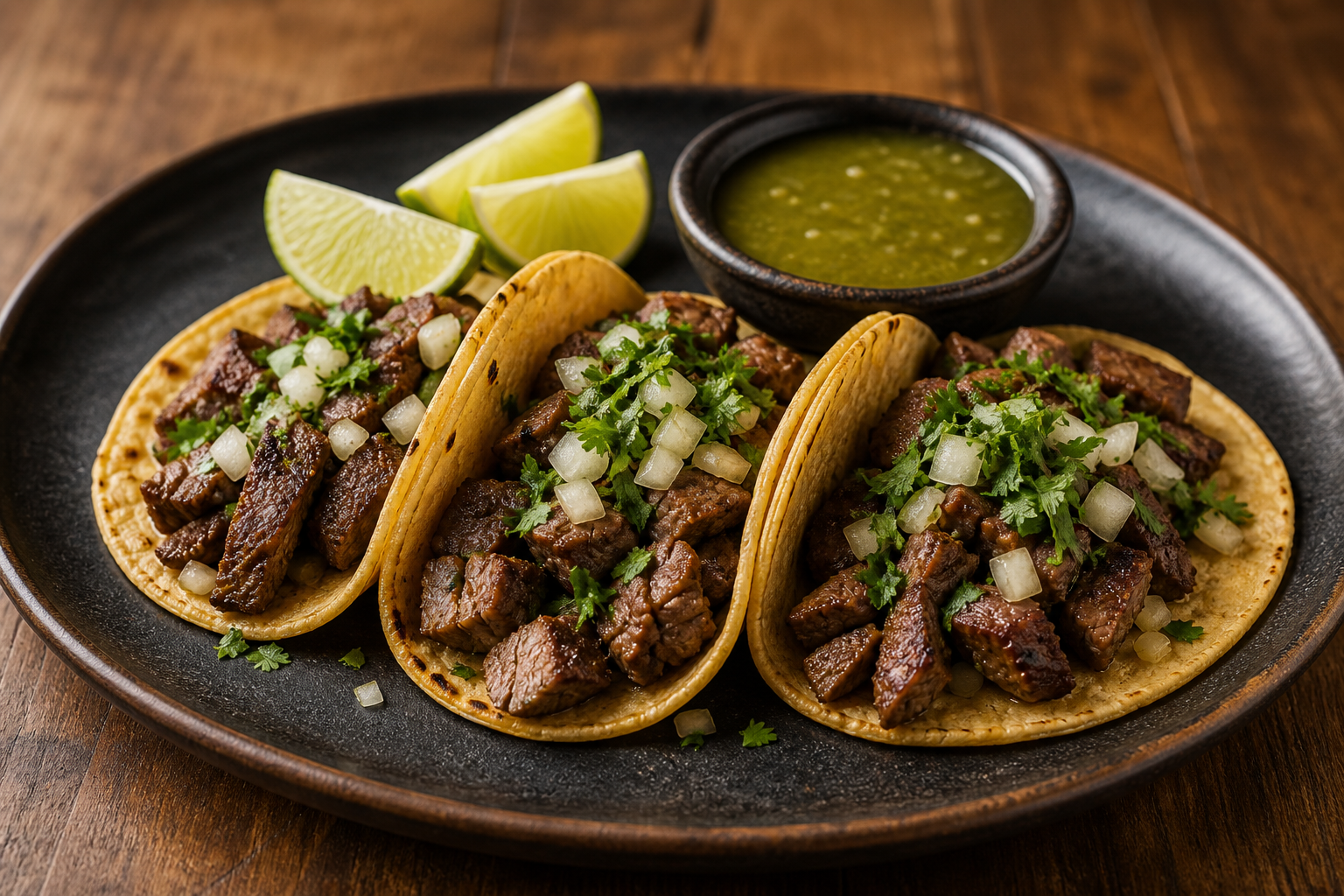 Steak tacos with onion, cilantro, lime, and salsa